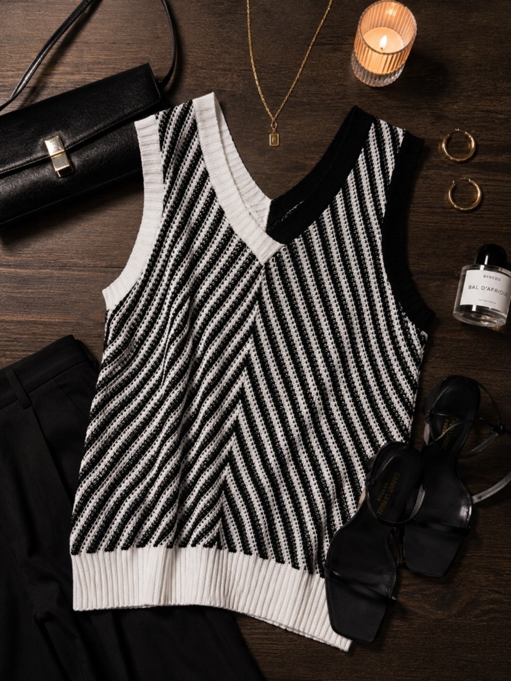 Black & White Chevron Knit Sweater Vest | Trendy Minimalist Layering Top